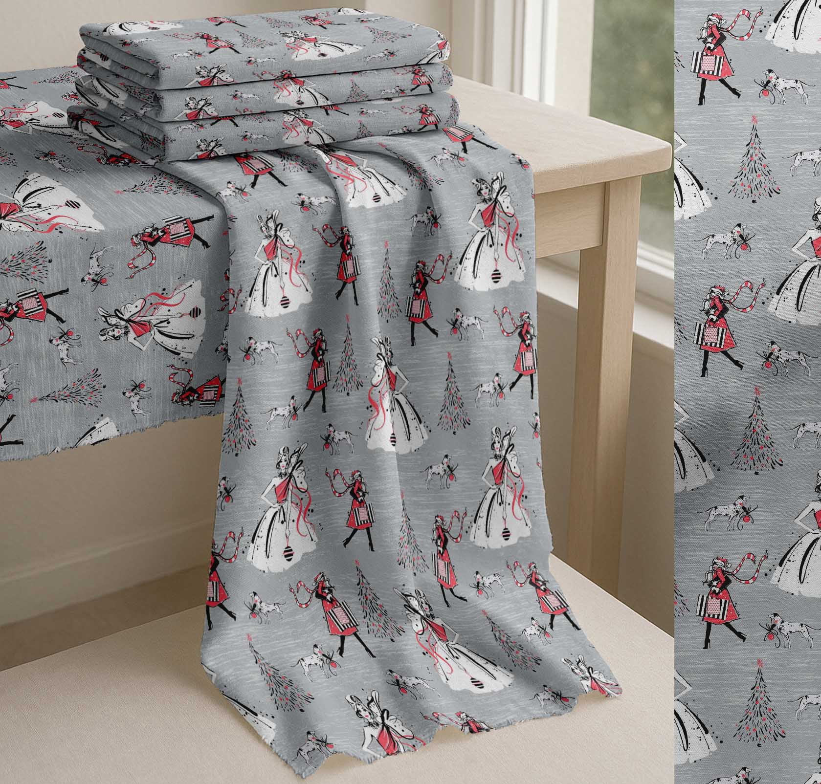 Soimoi Cotton Cambric Fabric Dog,Women & Tree Christmas Print Fabric by the Yard 42 Inch Wide
