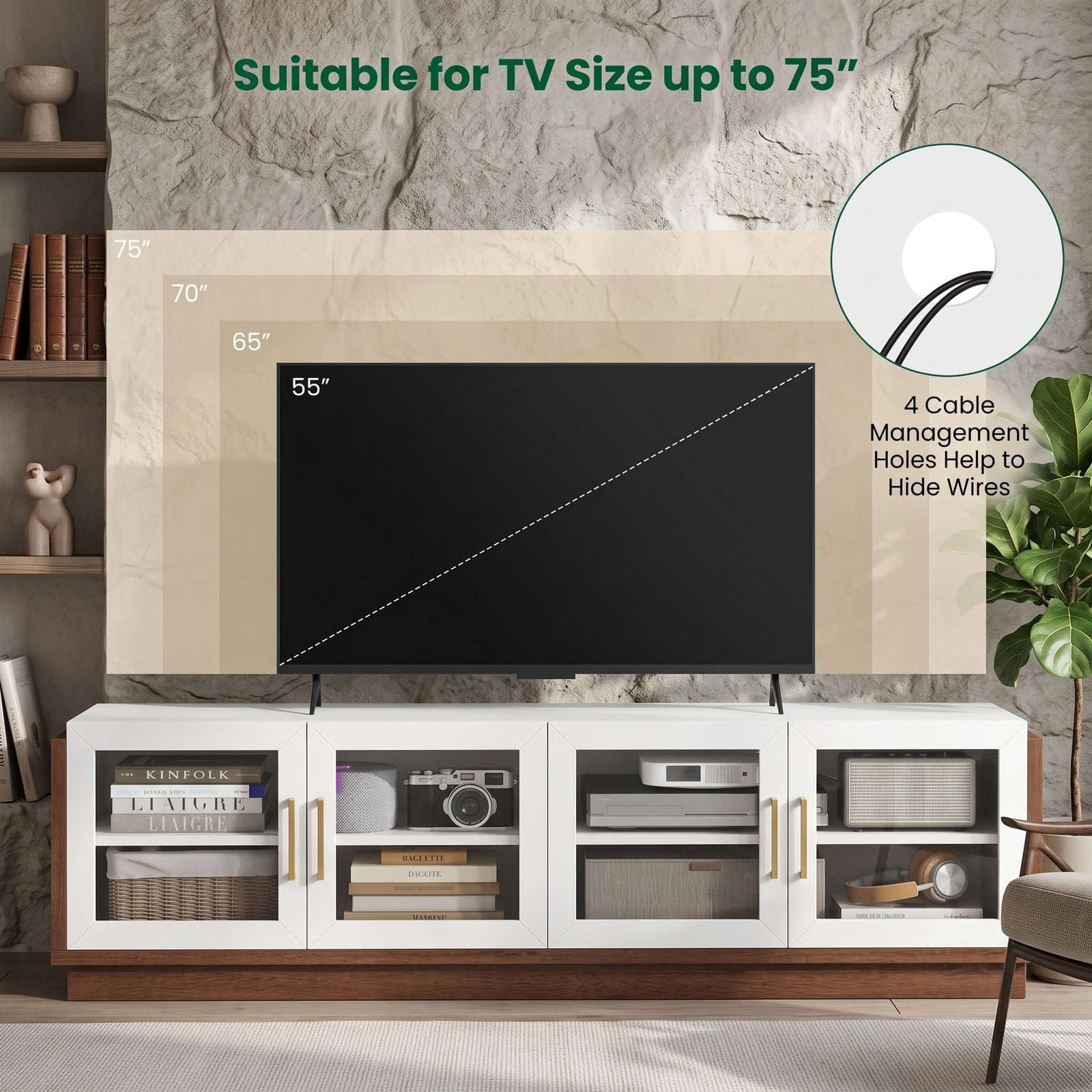 Furnibear Large TV Stand for TVs up to 75 Inch, Modern Entertainment Center with 4 Tempered Glass Doors, 2 Cabinets and Adjustable Shelves, Cable Management, White
