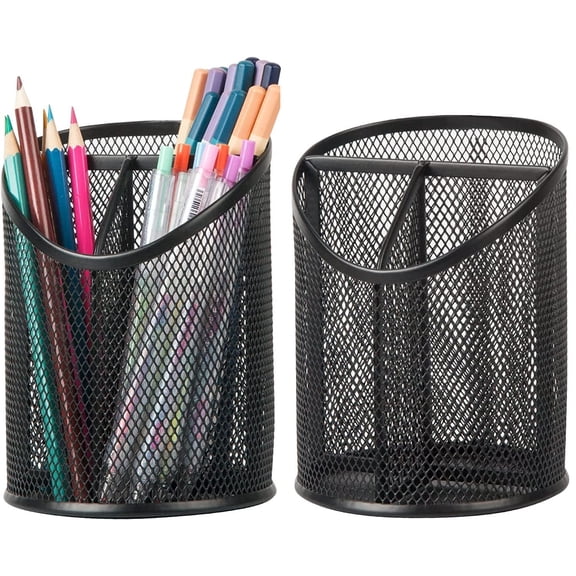 2 Pack Mesh Round Pen Holder, 3 Compartments Desktop Pencil Holder for Office Supplies Storage