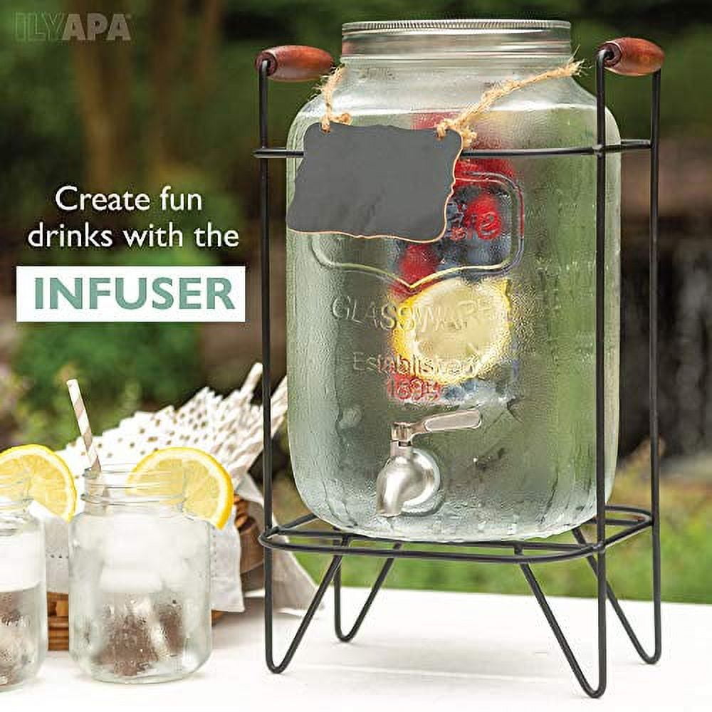 NutriChef 2-Gallon Glass Beverage Dispenser - Mason Jar Style Drink  Container Jug w/Stainless Steel Spigot & Plastic Ice Infuser, Wide Mouth  Easy