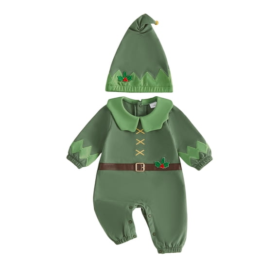 Cjfdfy Newborn Baby Boy Girl Christmas Outfits Christmas Elf Costume Long Sleeve Doll Collar Romper With Hat Infant 2Pcs Cute My Christmas Fall Winter Outfit 0-18M