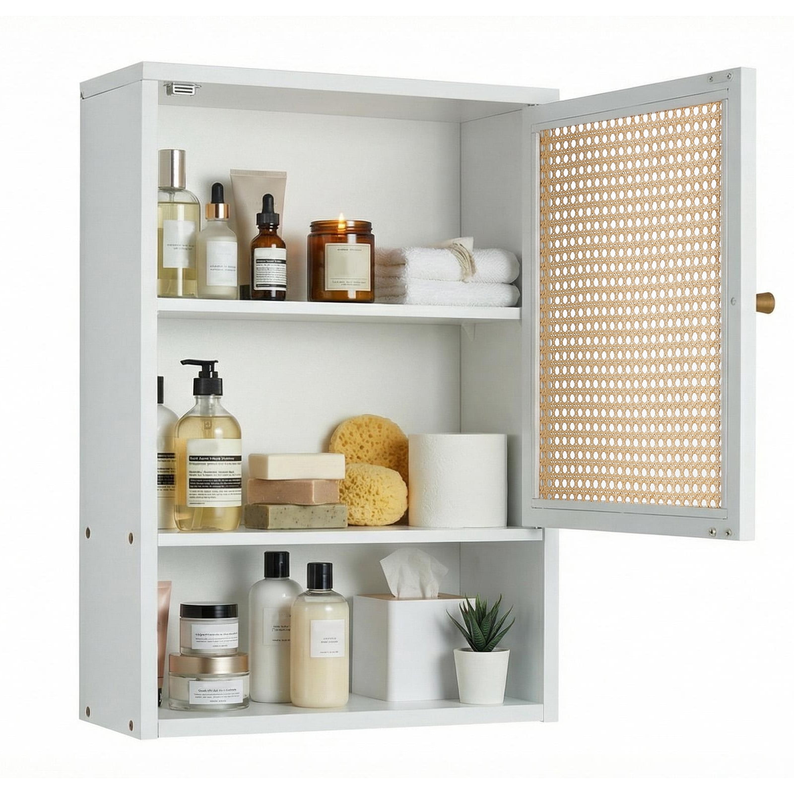Garvee Bathroom Wall Cabinet, Bamboo Over-The-Toilet Storage Organizer with Rattan Doors and Adjustable Shelf, Space Saver Medicine Cabinet for Laundry, Kitchen, Living Room and Home Office White