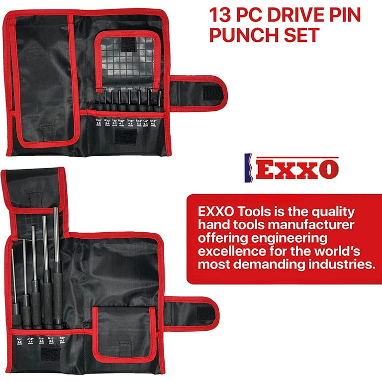 EXXO TOOLS Pin Punch Set - 13 Piece Drive Pin Set Punch Tool Mini