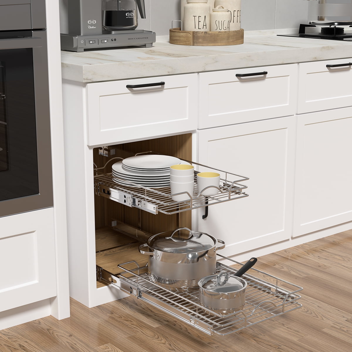 OCG 2-Tier Pull Out Cabinet Organizer (21.5"W x 18"D) Pull Out Shelf in Kitchen Bathroom Pantry