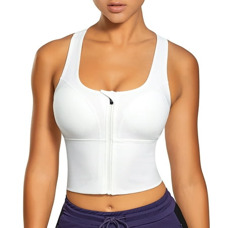 

CtriLady Women s Zip Front Sports Bras Longline Padded Fitness Crop Tops Tank Workout Shirts Gym Yoga Bra Back Support Shirts(White X-Large)