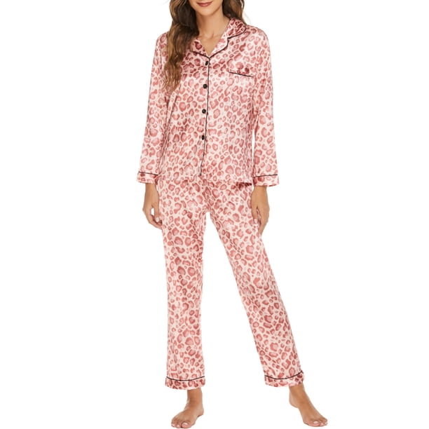 Conjunto de pijamas para mujer, manga larga, satén suave, cuello con muescas, botones, pijamas, CACAGOO Pijamas Mujer