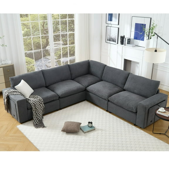 Sectional Couches for Living Room, Modular Couch,Wireless Charging Port & Cup Holders, 5-Seat, Diy Combination, L-Shaped Sofa,Book Storage Space, Soft Linen Fabric (Gray)