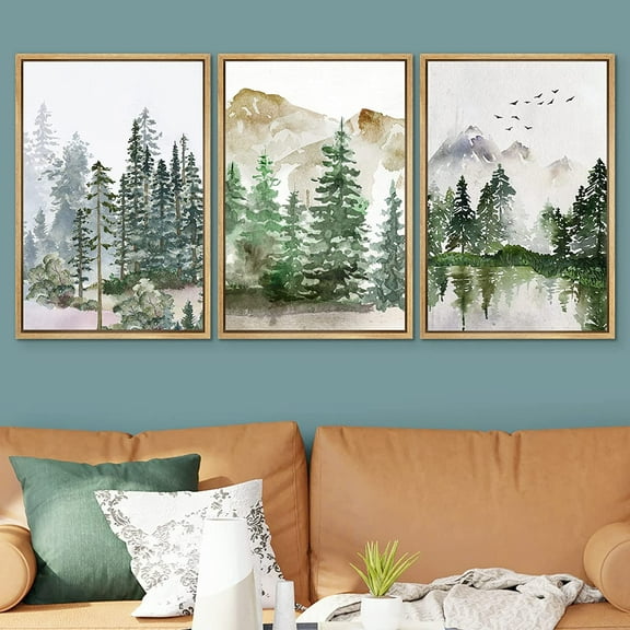 PixonSign Framed Wall Art Set Pastel Mountain Range Forest Mist Multicolor Nature Wilderness Modern Artwork Landscape Decor Rustic Calm/Zen for Living Room, Office - 24"x36"x3 Panels Natural