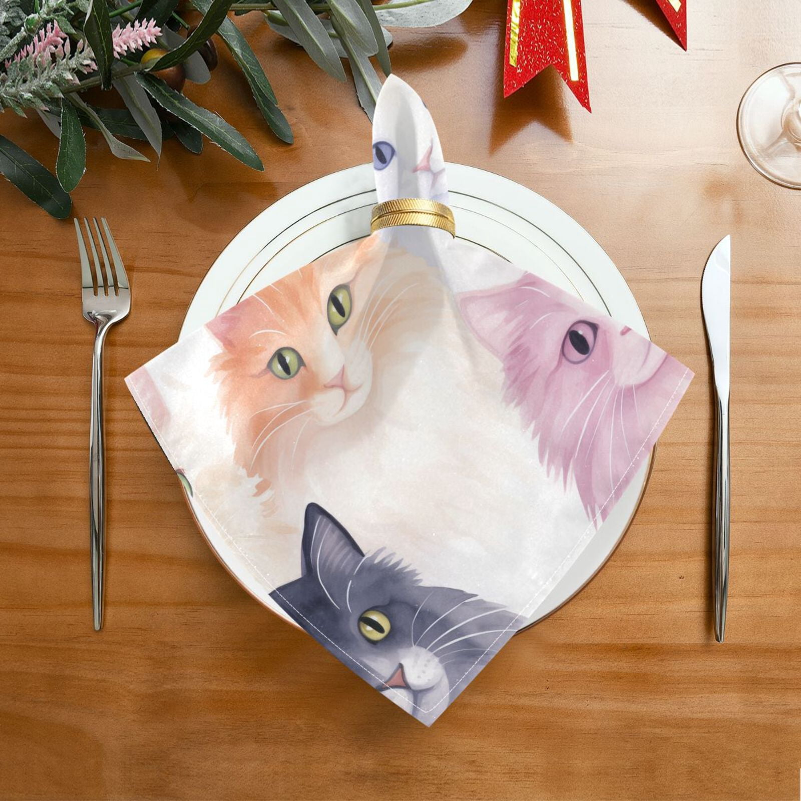 JSTEL Watercolor Cats Kitten Cloth Napkins Set of 6, 20x20 Inch Washable and Reusable Napkin for Decoupage Dinner Party Everyday Use