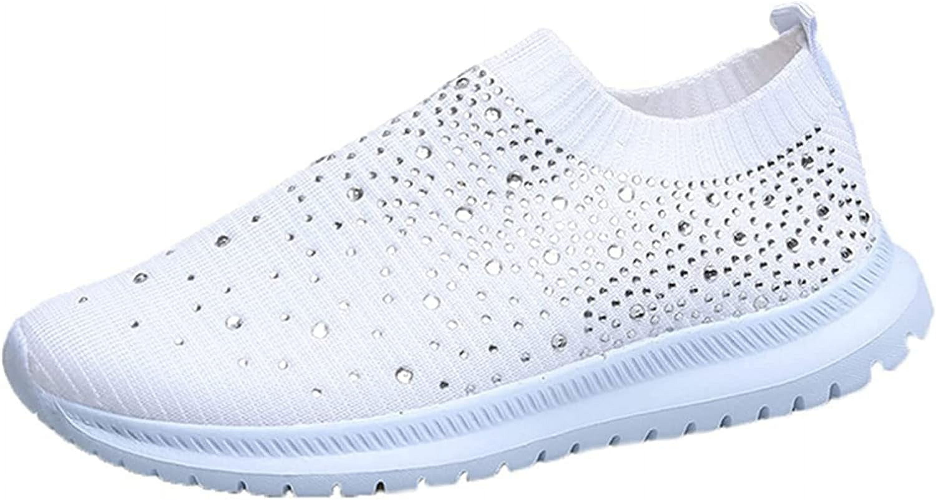 BELOS Women's Rhinestone Mesh Slip on Walking Shoes Fashion Breathable Spakle Glitter Sneaker
