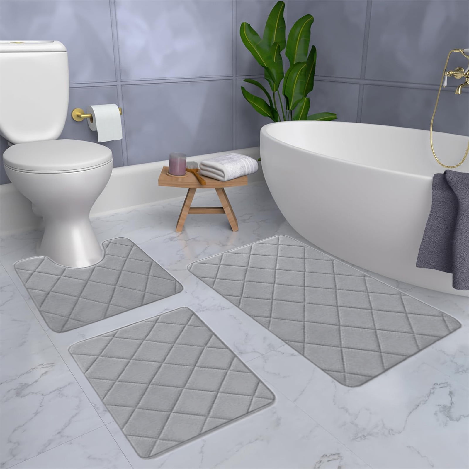 3 Pieces Luxury Bathroom Rug Set With U-Shaped Toilet Rug, Non-Slip Rubber Bottom, Thick Microfiber Fluffy Plush, Water Absorption, Machine Washable,Quick Dry, Ultra Soft, Bath Mats For Bathroom, Tub