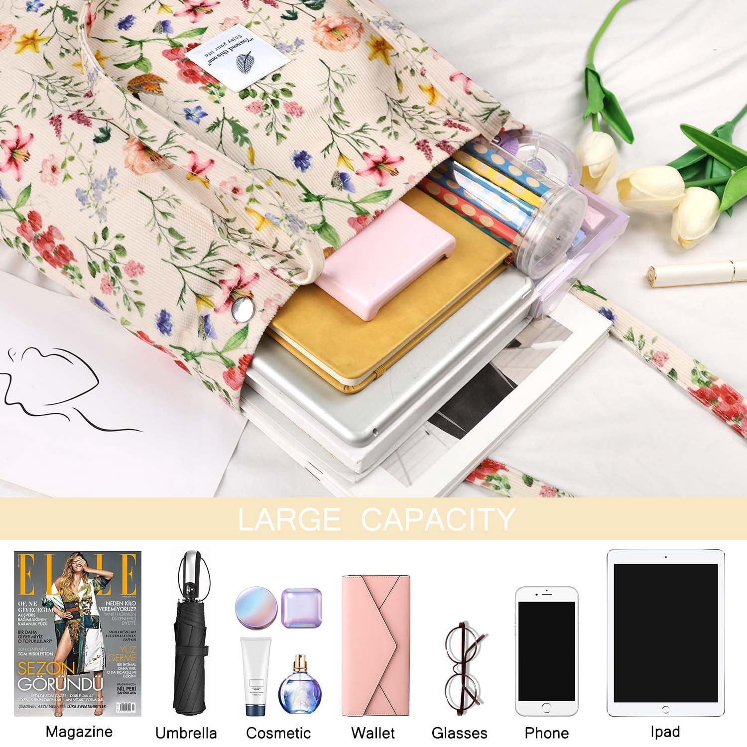Ayieyill Corduroy Tote Bag Large for Women Girl Lady Canvas Shoulder Cord Purse and Handbags with Inner Pocket (Retro Flower)