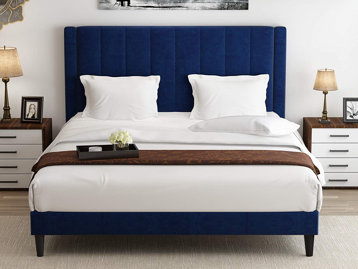 Amolife Queen Size Velvet Upholstered Platform Bed Frame with Headboard