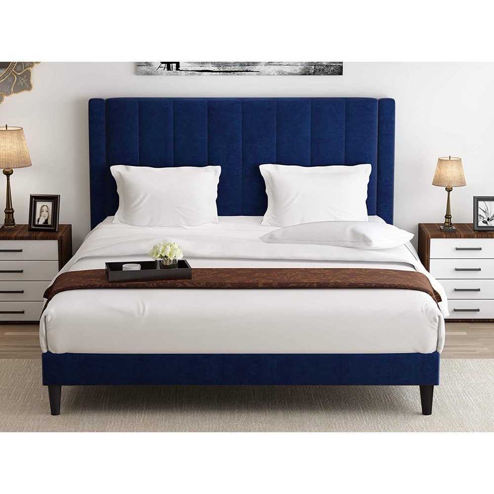 Amolife Velvet Upholstered Platform Bed Frame with Headboard, Dark Blue