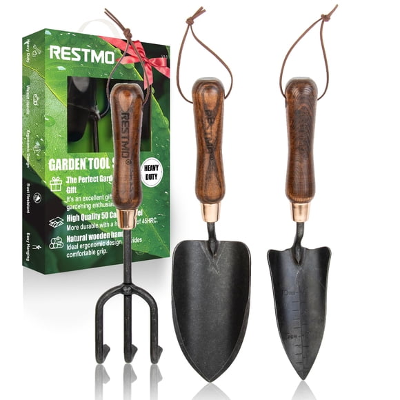 Kit de herramientas de jardinería Restmo 3 en 1 de acero al carbono con mango de madera