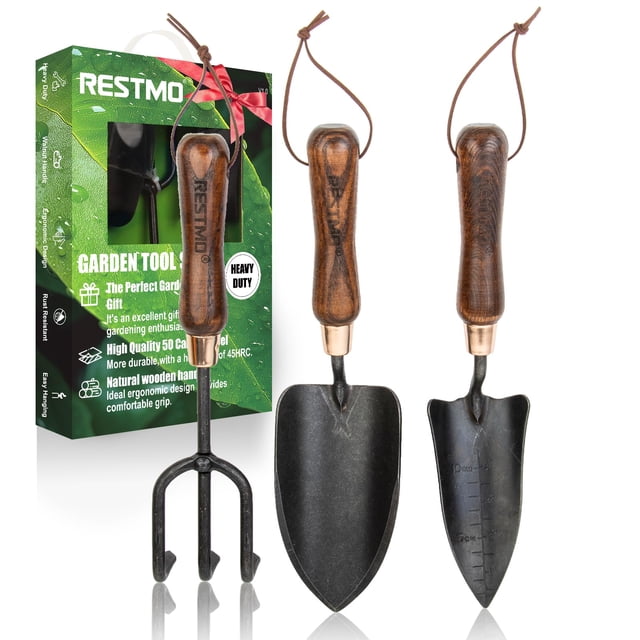 Kit de herramientas de jardinería Restmo 3 en 1 de acero al carbono con mango de madera