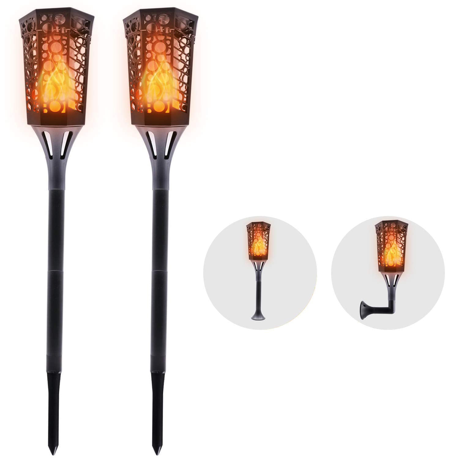 Outdoor LED Solar Path Torch Dancing Flame Light Flickering Garden Wall Lamp 