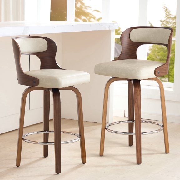 FANCROU 26 inch Swivel Counter Height Bar Stools Set Of 2, PU Leather Seat With Bentwood Back And Legs, Beigegrey