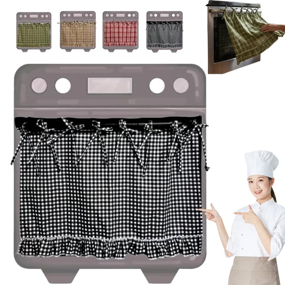 Farmhouse Oven Skirt Curtain, Ruffled Kitchen Oven Cover with Ribbon Ties, Decorative Appliance Cover, Heat Resistant Cabinet Dishwasher Curtain