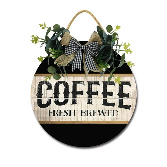 Coffee Fresh Brewed Sign Farmhouse Wood Sign Front Porch Decor Rustic Wooden Sign Wall Decor Hanging Wooden Decorations with Bow-Knot for Home Porch Wall Door, 12 x 12 inch