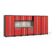 NewAge Products Pro Series Red 10 Piece Cabinet Set, Heavy Duty 18-Gauge Steel Garage Storage System, Slatwall / LED Lights Included