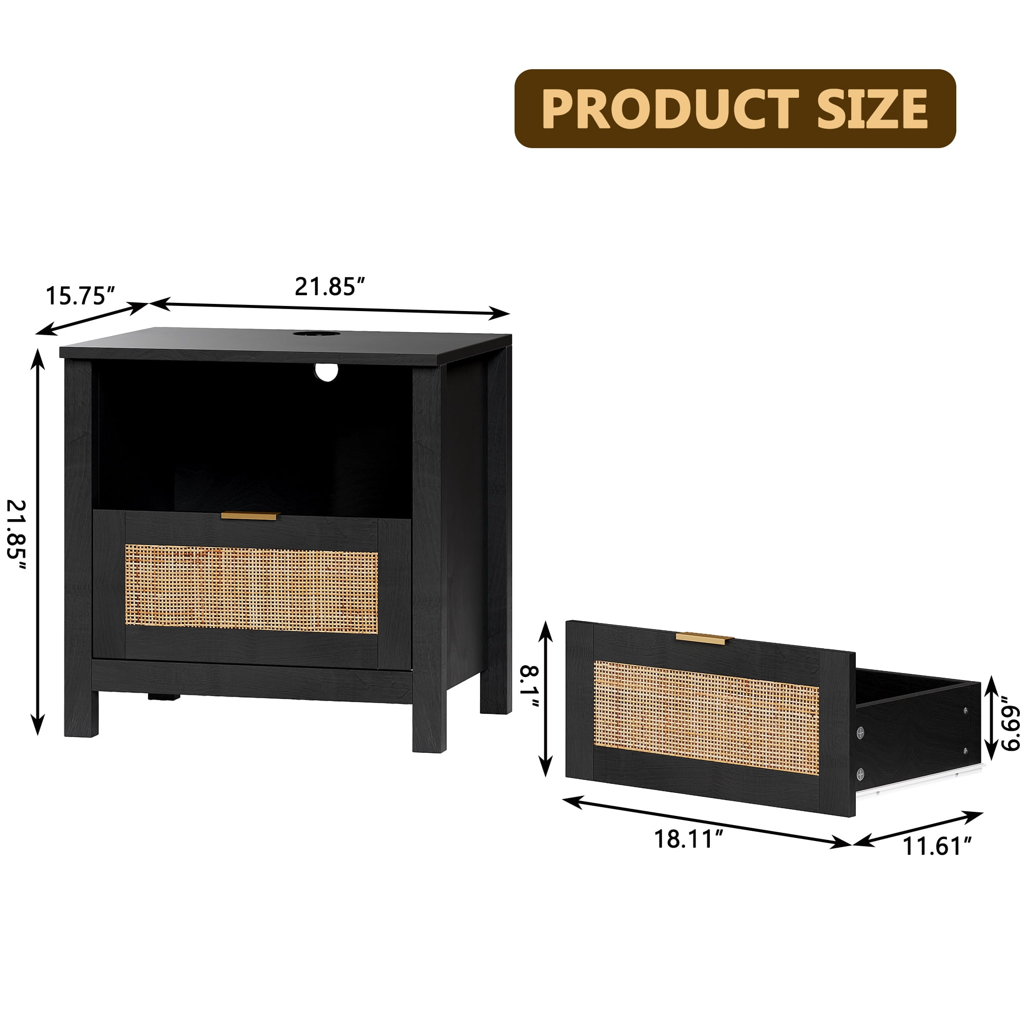 AODAILIHB Accent Bed Side Table, Rattan Night Stands Decor Drawer set of 2, Natural Wood Side Table with Wireless Charging Station, Black