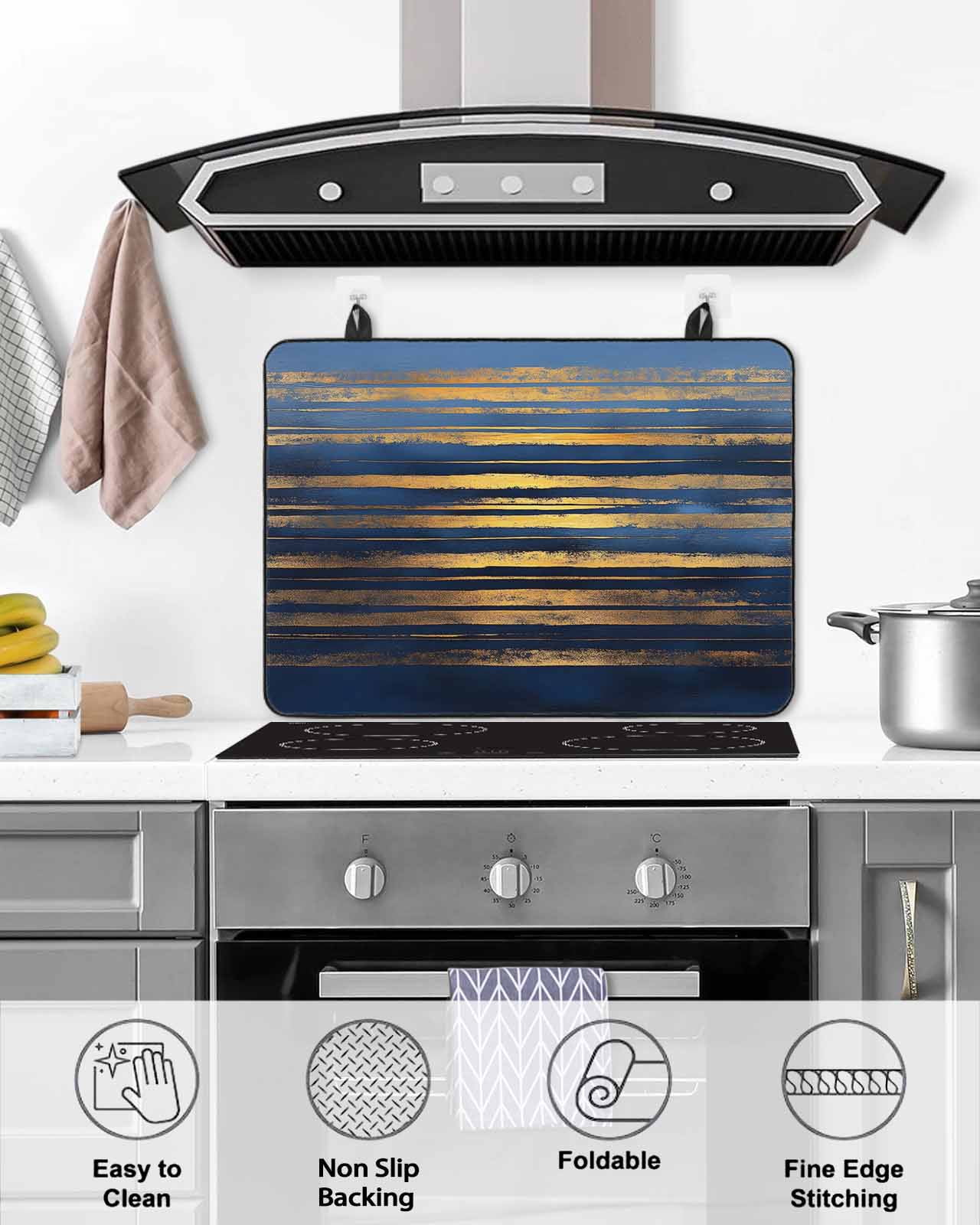 nqOlkjepod Large Induction Cooktop Protector Mat 24"x21", Summer Blue Gold Stove Top Covers for Electric Stove, Modern Coastal Ocean Wave Decorative Stove Burner Cover Mats, Glass Top Stove Cover