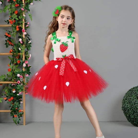 LPKRT Girls 2 Piece Outfits Strawberry Style Tutu Dresses With Matching Headband Stage Performance Clothing Set Watermelon Red 6-7 Years