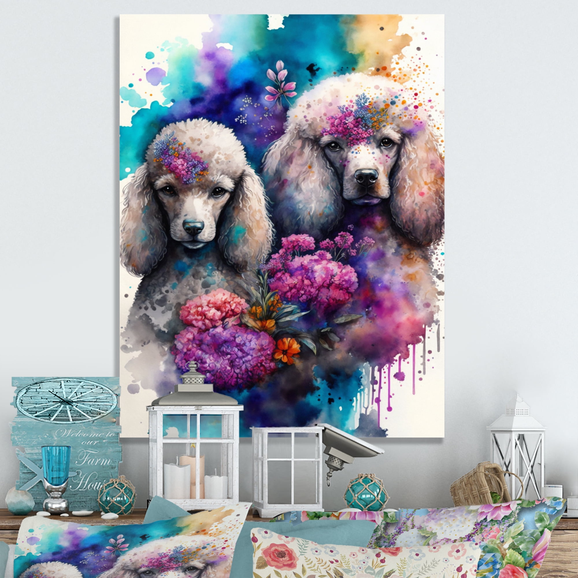 Designart Cute Poodles Dog Floral Art Canvas Wall Art