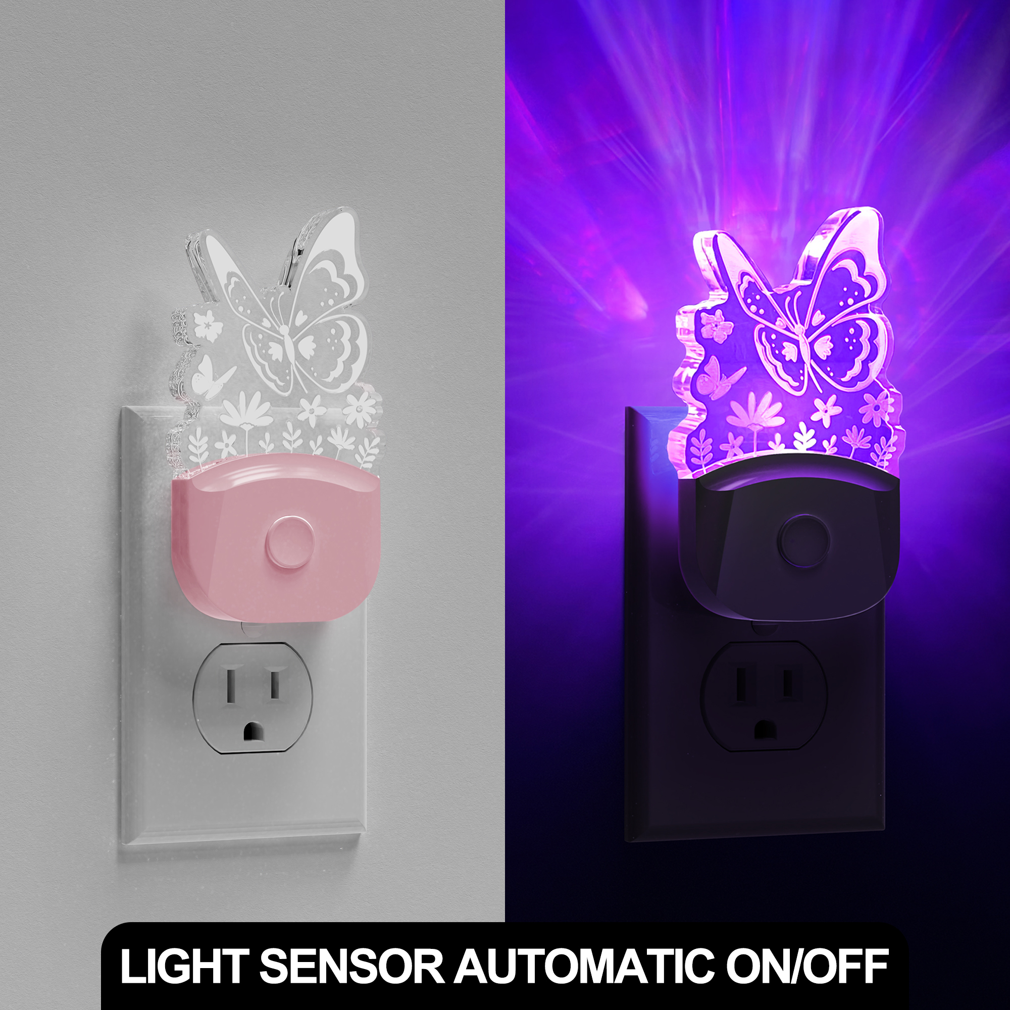 YANSUN 0.5W Pink Butterfly Multicolor LED Plug-In Night Light with Color Changing, 3000K Warm White, Dusk-to-Dawn Sensor & Decor, 1 Pack