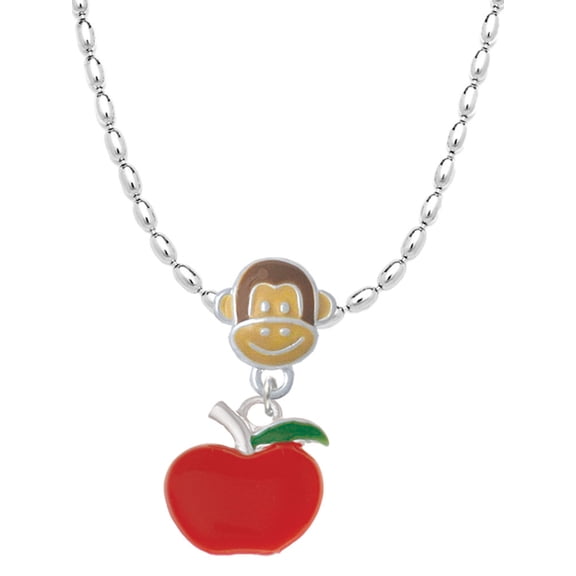 Delight Jewelry Silvertone Small Red Apple Mia Monkey Charm Necklace