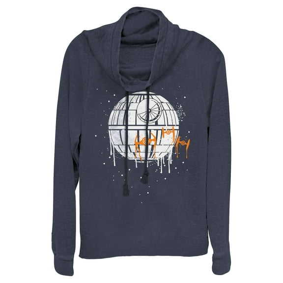 Junior's Star Wars Halloween Death Star Drip Cowl Neck Sweatshirt Navy Blue Small