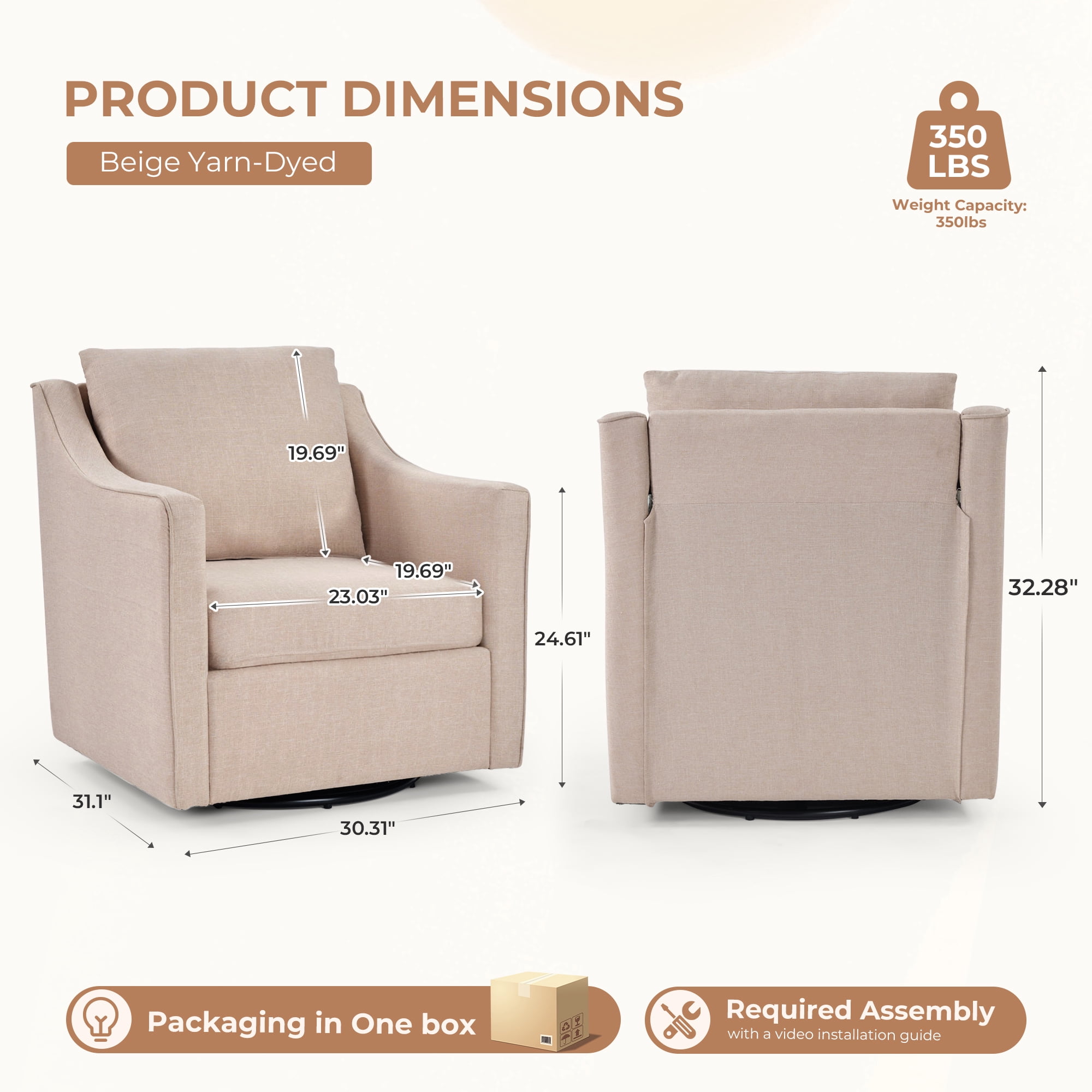 EBELLO Upholstered Accent Chair，Yarn-Dyed Fabric Swivel Chair, Modern Minimalist Armchair with Lumbar Pillow(Single Pack,Beige)