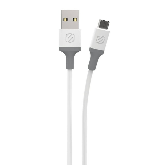 Scosche MA10WG-SP Strikeline 10-ft. USB to Micro-USB charge and sync cable in white and gray, with USB-A and micro-USB connectors featuring molded strain reliefs for durability, suitable for fast charging and high-speed data transfer.