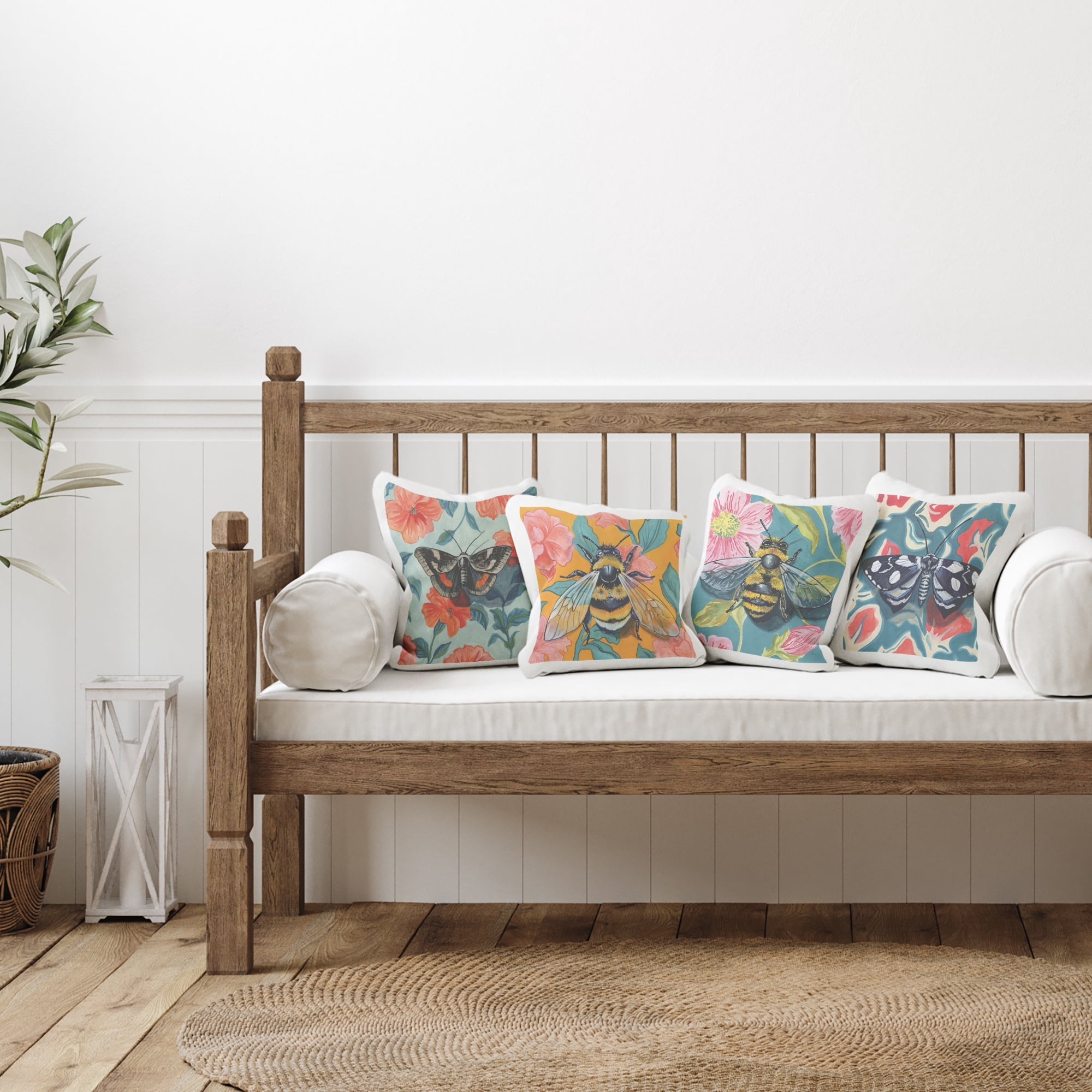 Stupell Industries Insects on Flower Patterns 4 Piece Decorative Printed Throw Pillow Set, design by Kate Jarvik Birch