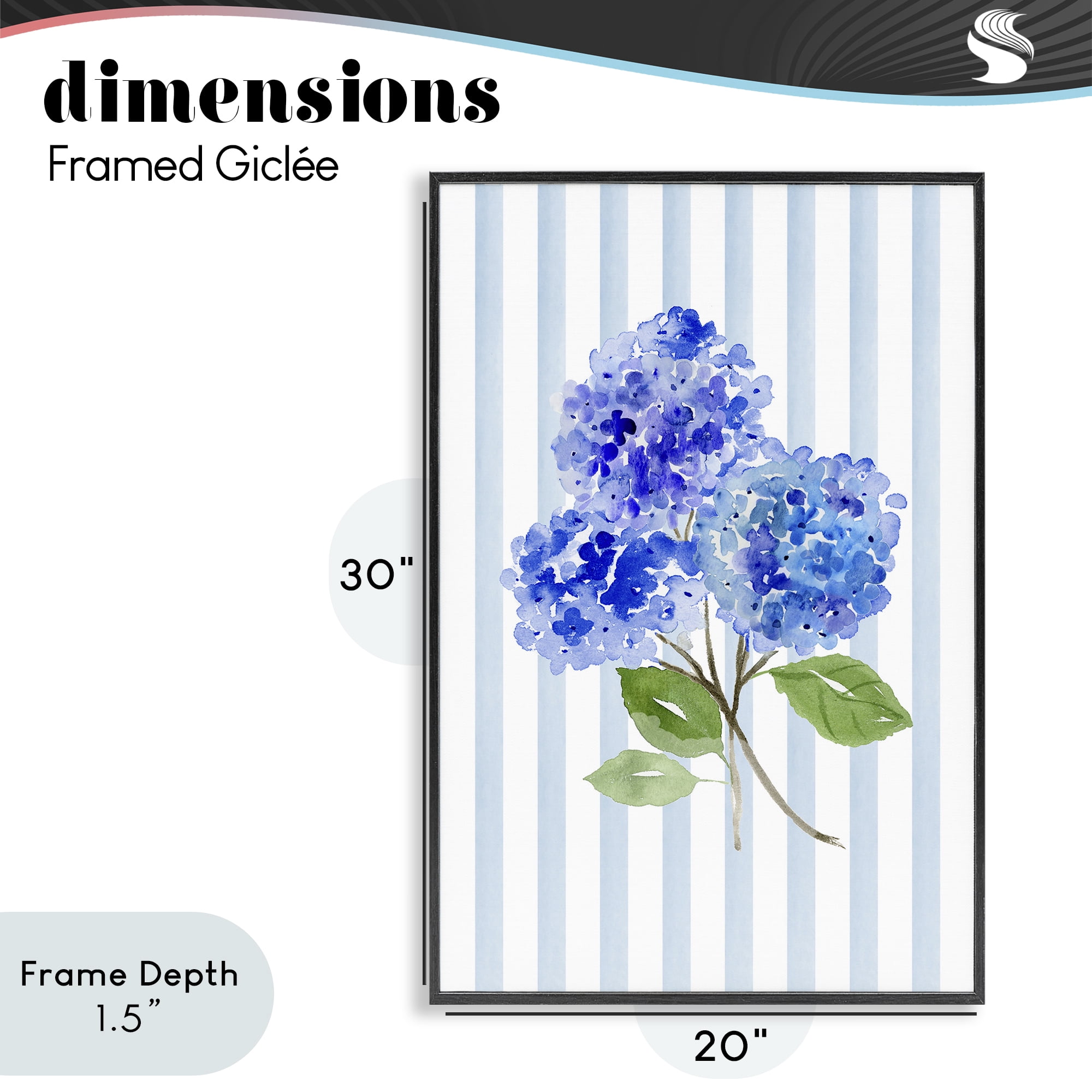 Stupell Industries Blue Hydrangeas over Stripes Black Framed Giclee Art, design by Corinne Haig