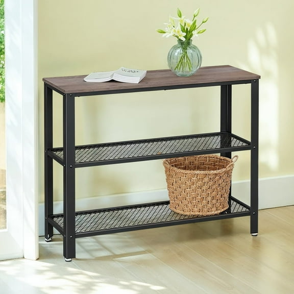 LEDREM 40-Inch Industrial Console Table, 3-Tier Entryway Table with 2 Mesh Shelves, Narrow Sofa Table for Hallway, Greige & Black