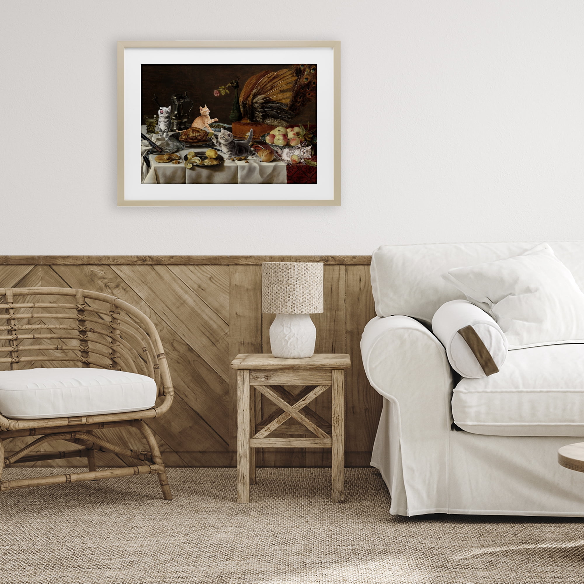 Kittens on Still Life Feast Birch Framed Print Under Glass, design by Masters Redux