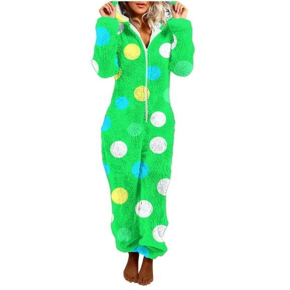Flannel Onesie Pajamas for Women Fleece Fuzzy One Piece Zipper Hooded Sherpa Romper Cute Polka Dots Warm Winter Loungewear