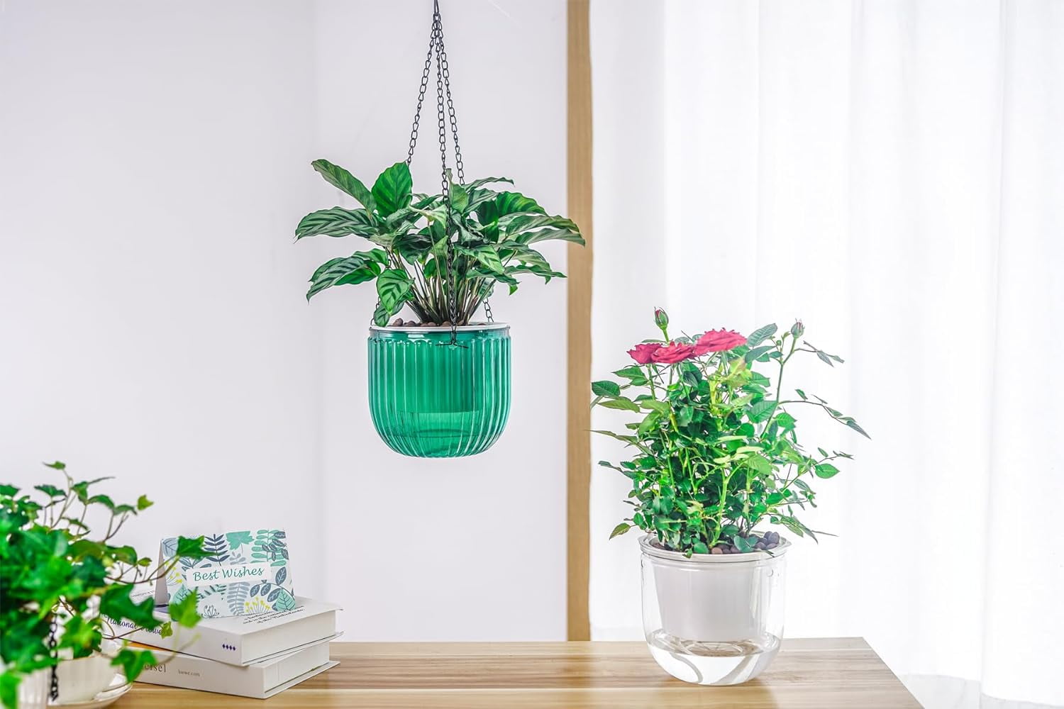 2 Pack Self Watering Hanging Planters Indoor Flower Pots, 6.5 Inch Outdoor Hanging Basket, Plant Hanger with Hooks Drainage Holes for Garden Home