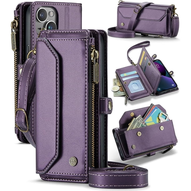 Funda tipo cartera cruzada para iPhone 13 con soporte RFID, ranuras para tarjetas de carga inalámbrica anticaídas, bolso de hombro de piel sintética con correa ajustable