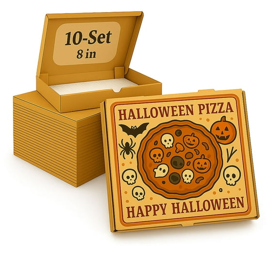 10-Pack 8" Small Pizza Boxes – Kraft Corrugated Square Pizza Storage Containers for Pizzerias, Bakeries, Restaurants & Parties | Includes Happy Halloween Stickers & Pizza Liners for Convenience