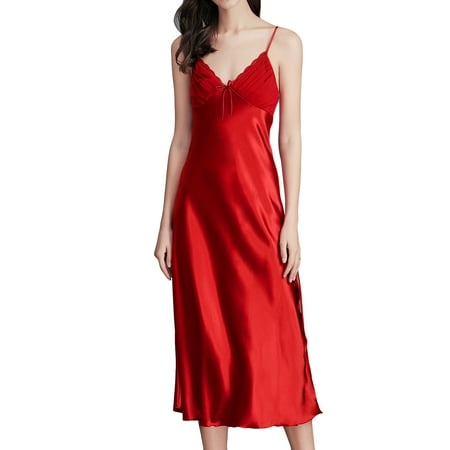 Defitshape Women s Sexy Nightgown Side Splits Chemise Lingerie Satin Lace V Neck Full Slip Sleep Dress Lounge Slits Cami Sleeveless Silk Maxi Nightwear Spaghetti Strap Red Large