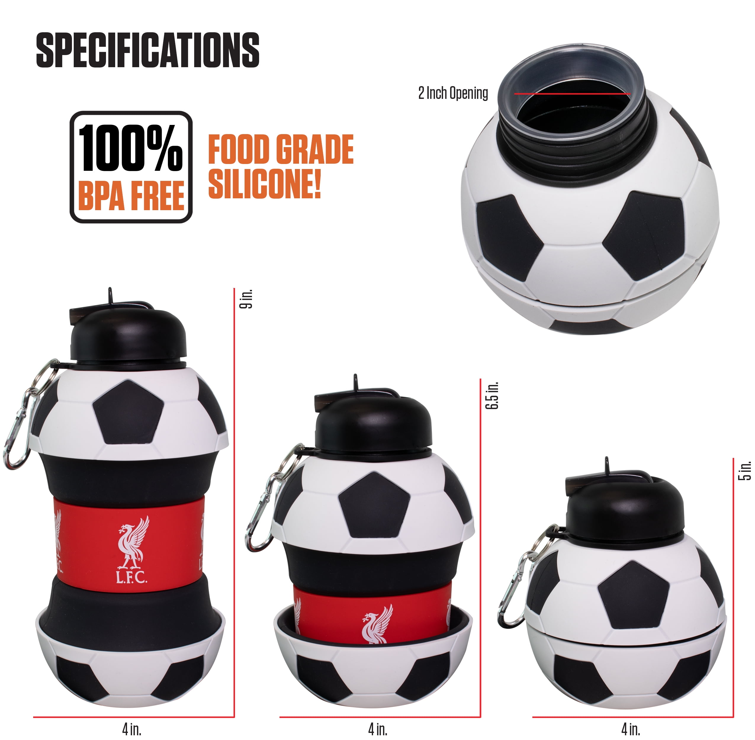 MACCABI ART Liverpool Clip-On Collapsible 1 Liter, 34 oz. size BPA-Free Silicone Soccer Large Water Bottle for Kids