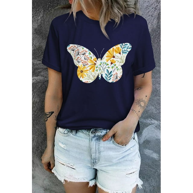 ABPHQTO Camiseta de cuello redondo con estampado gráfico de mariposa floral azul para mujer
