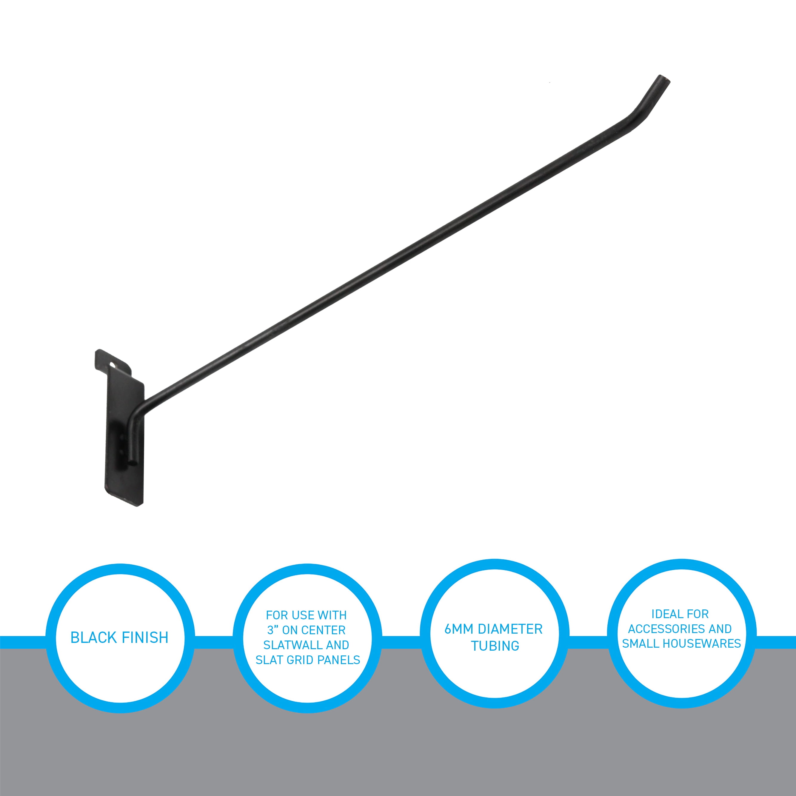 SSWBasics 12 inch Black Peg Hook for Slatwall - Pack of 50 - Metal Display Hooks for 3” on Center Slatwall