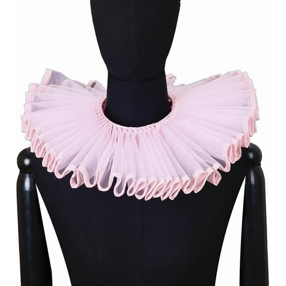 Pink Gathered Tulle False Collar Retro Victorian Renaissance Dickens Medieval Detachable Lace Up Ruff Pleated Transparent Organza Cape Clown Neck Collars