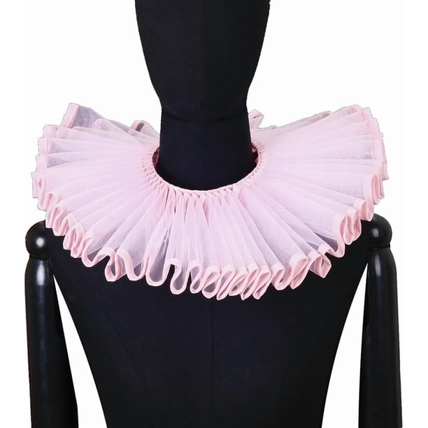 Cuello falso de tul fruncido rosa, estilo retro victoriano, renacentista, Dickens, medieval, con cordones desmontables, gorguera plisada, capa de organza transparente, cuello de payaso.