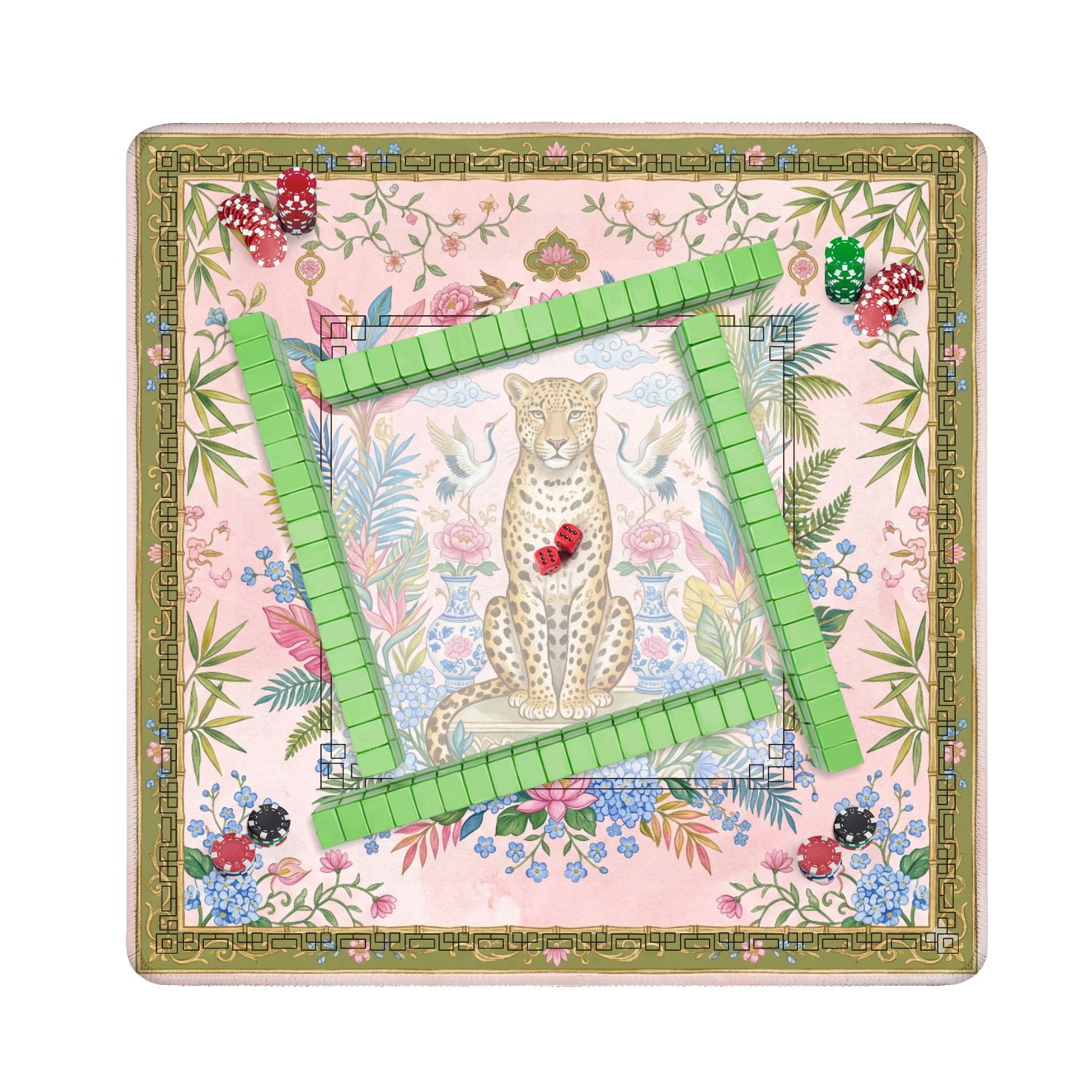 Mahjong Mat 31.5" x 31.5" Ornate Leopard Tropical Foliage Cranes Birds Floral Pink Green Non-Slip Noise Reduction American Mahjong Tiles Table Cover for Dominoes Poker Card Board Games Gift