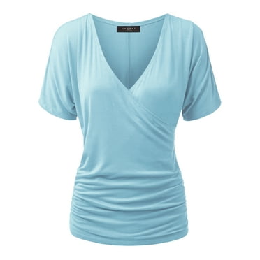 Made by Johnny Women's V Neck Short Sleeve Wrap Front Drape Dolman Top XXXL AQUA